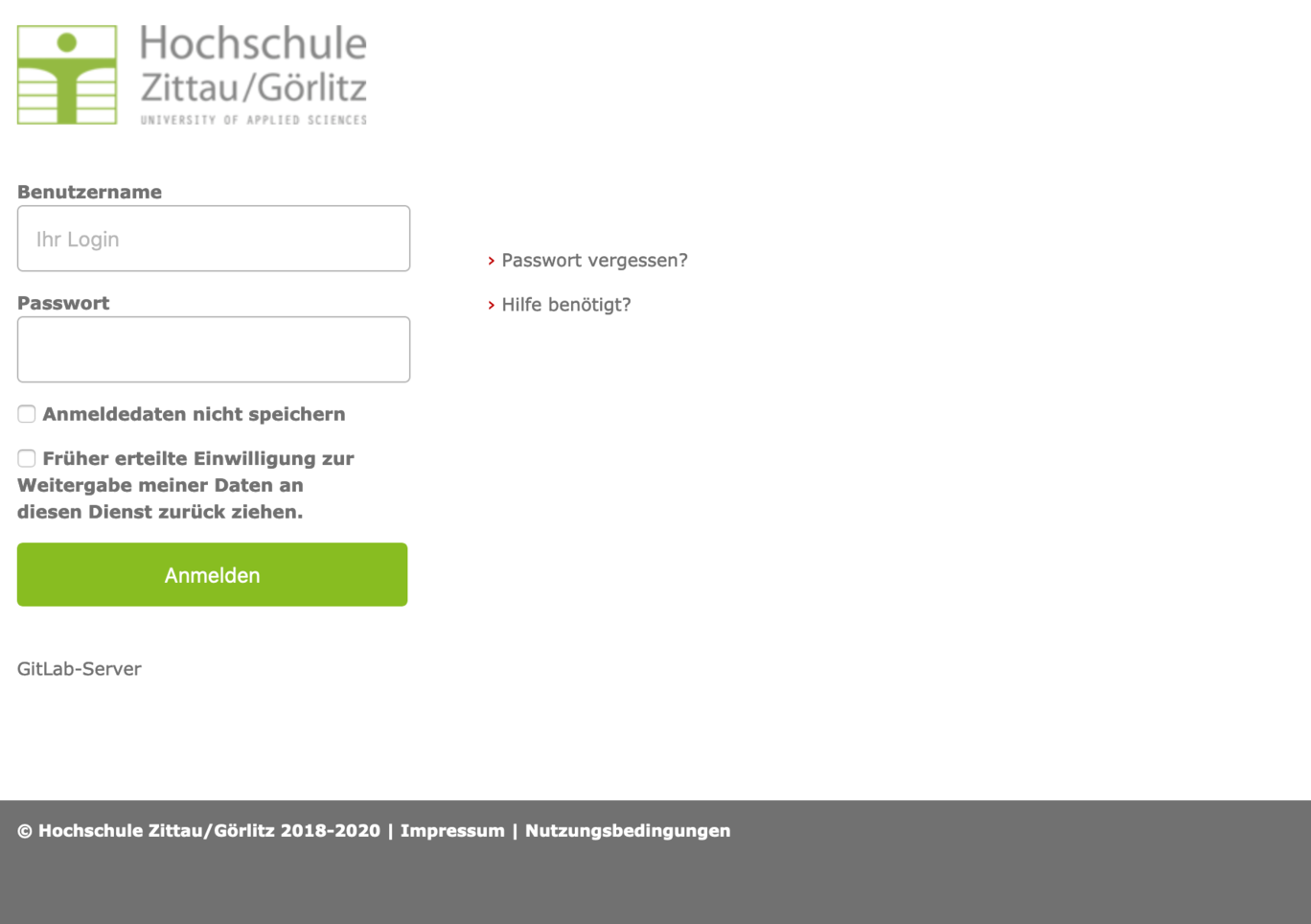 Screenshot Anmeldeseite HSZG